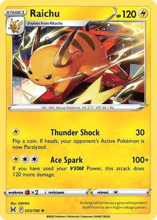 053/196 Raichu (Rare) (Lost Origin) Pokemon card (English)