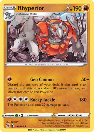 091/196 Rhyperior (Rare) (Lost Origin) Pokemon card (English)