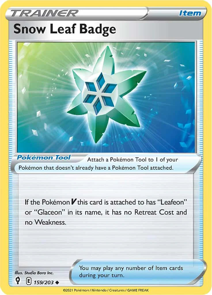 159/203 Trainer / item / Snow Leaf Badge / Uncommon (Evolving Skies)